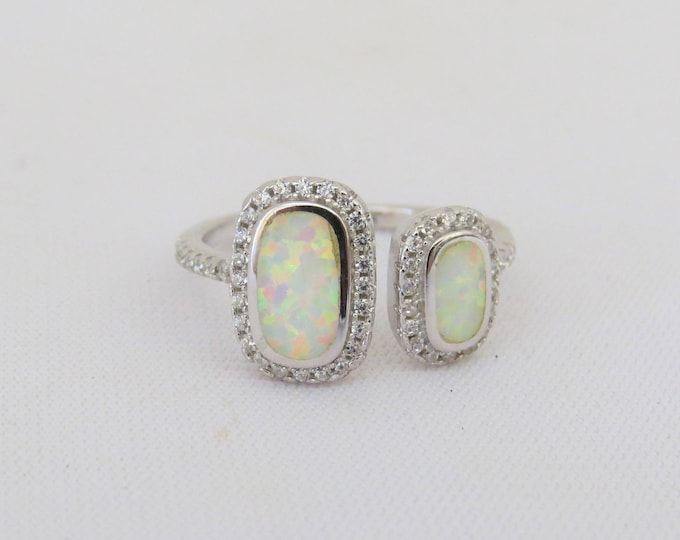 Vintage Sterling Silver Inlay Opal & White Topaz Adjustable Ring Size 9
