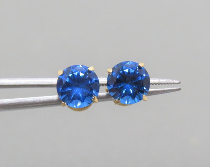 Vintage 18K Solid Yellow 3.87ct Blue Sapphire Stud Earrings 10MM