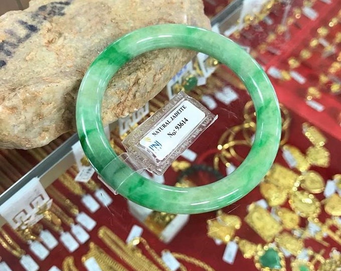 Vintage Translucent Natural Floral Green, White Jadeite Jade Bangle Bracelet 54.2MM