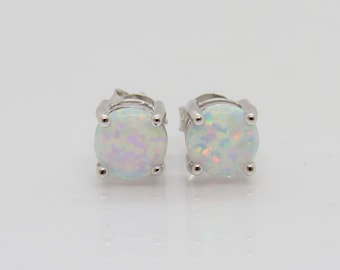 Vintage Sterling Silver Round cut White Opal Stud Earrings