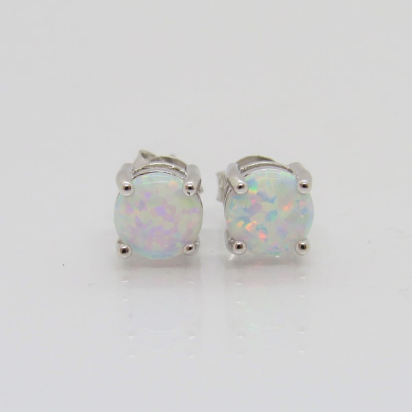 Vintage Sterling Silver Round cut White Opal Stud Earrings