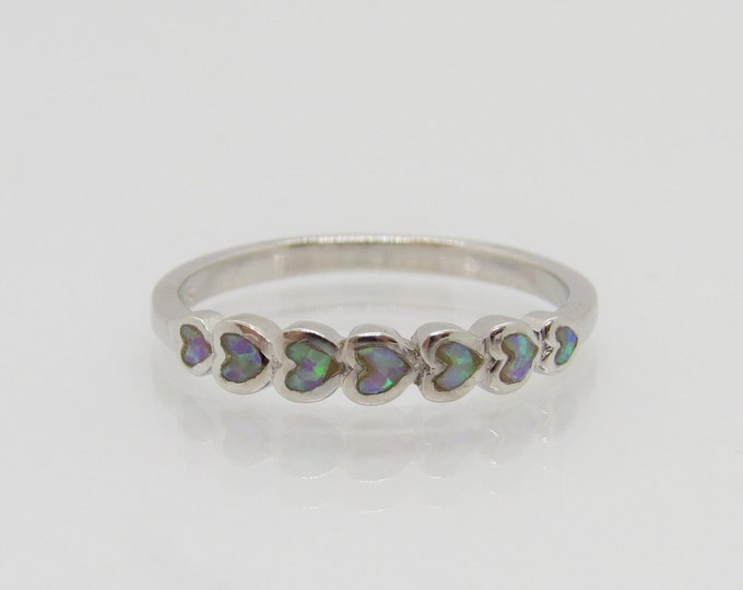 Vintage Sterling Silver Inlay Fire Opal Hearts Band Ring Size 7