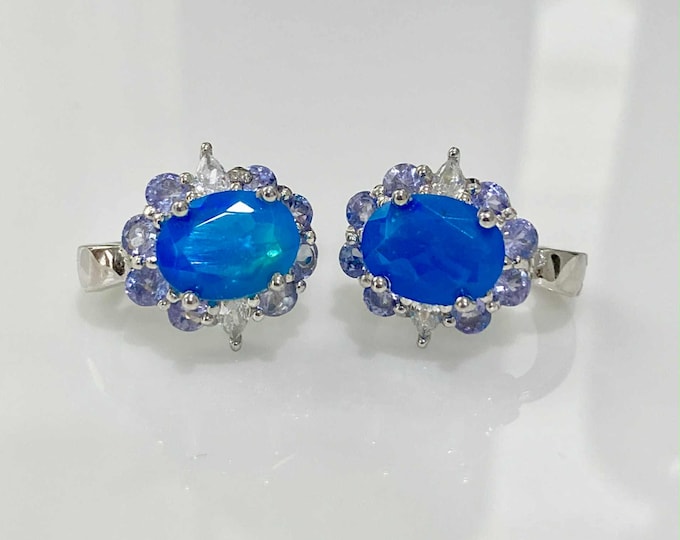 Vintage Sterling Silver Natural Fire Blue Opal & Tanzanite, White Topaz Earrings.