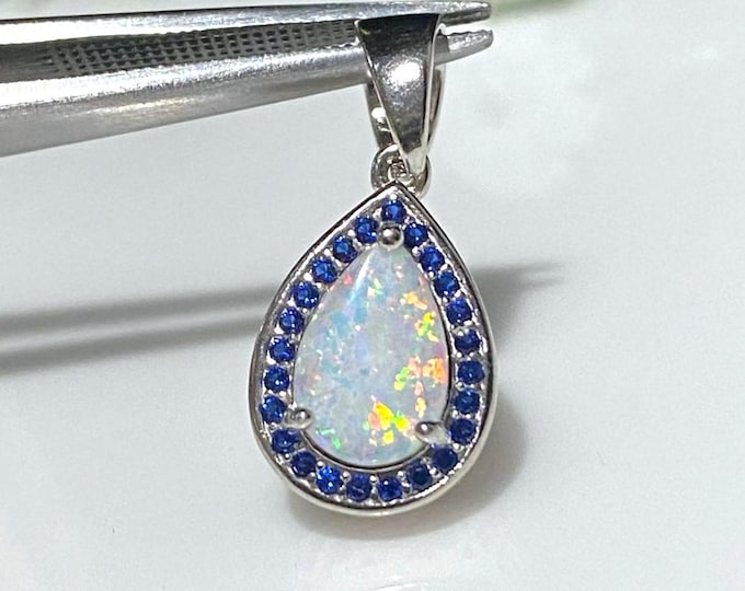 Sterling Silver Pear cut White Opal & Blue Sapphire Pendant.