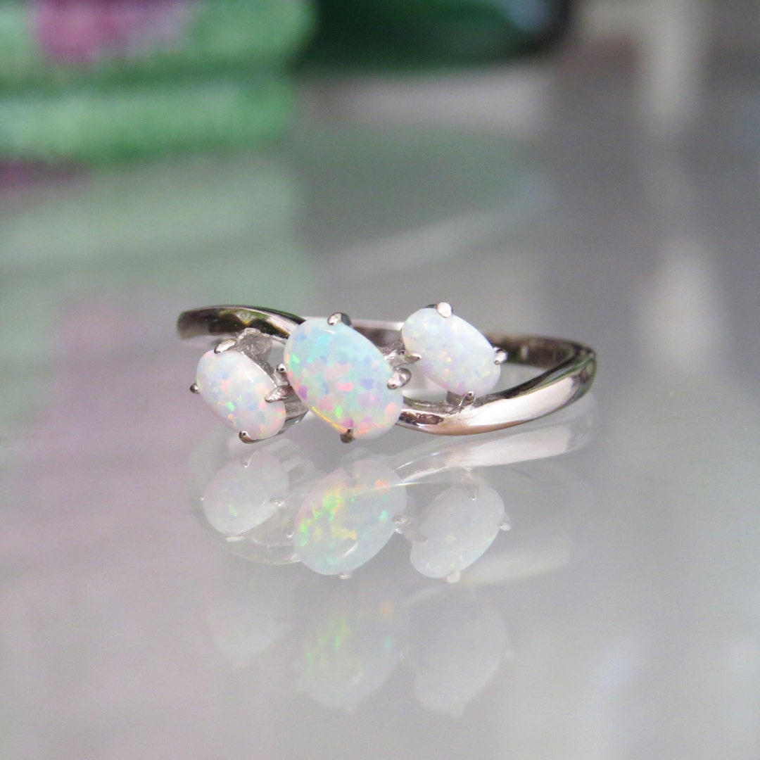 Vintage Sterling Silver Oval White Opal Three Stone Ring Size - Etsy
