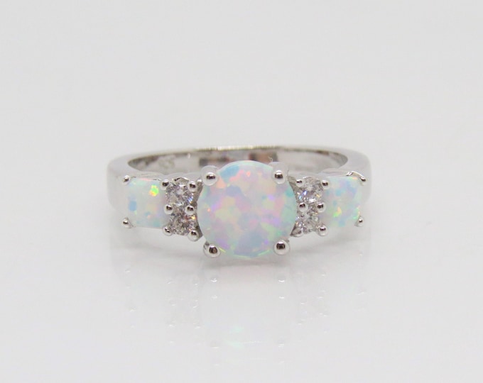 Vintage Sterling Silver White Opal & White Topaz Three Stone Ring Size 5