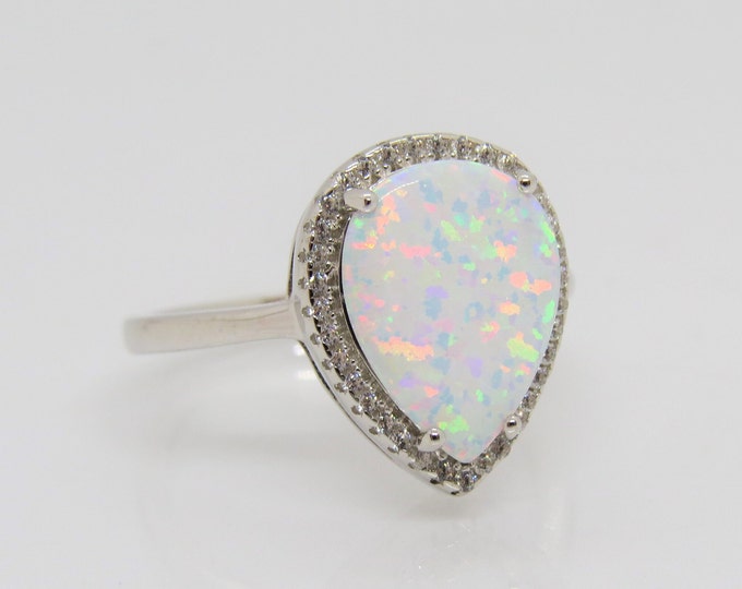 Vintage Sterling Silver Pear cut White Opal & White Topaz Halo Ring Size 8
