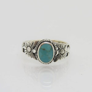 Sterling Silver Turquoise Flower Ring Size 10