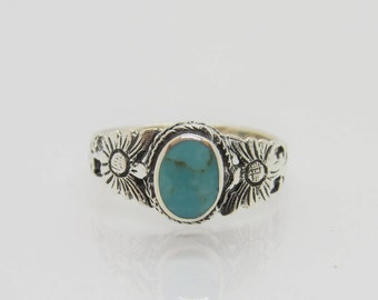 Sterlingzilveren ring met turkoois bloem, maat 10