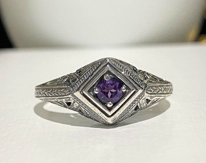 Vintage Sterling Silver Natural Amethyst Filgree Ring Size 7