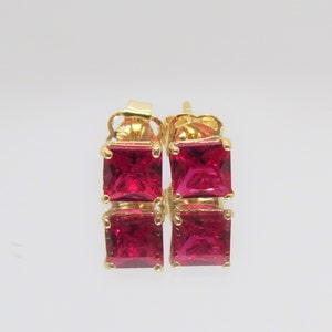14K Solid Yellow Gold Princess cut Ruby Earrings 4MM