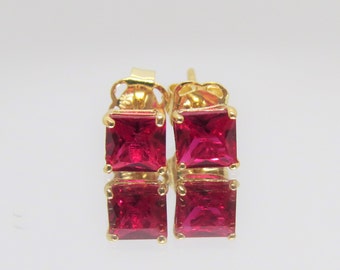 14K Solid Yellow Gold Princess cut Ruby Earrings 4MM