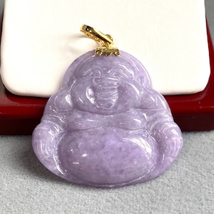 Vintage 18K Solid Yellow Gold Natural Purple Lavender Jadeite Jade Laughing Buddha Pendant.