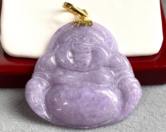 Vintage 18K Solid Yellow Gold Natural Purple Lavender Jadeite Jade Laughing Buddha Pendant.