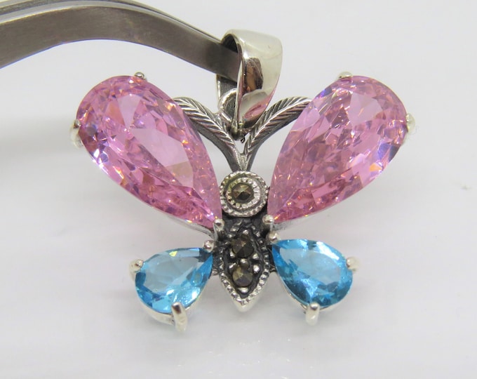 Vintage Sterling Silver Pink Topaz , Aquamarine & Marcasite Butterfly Pendant