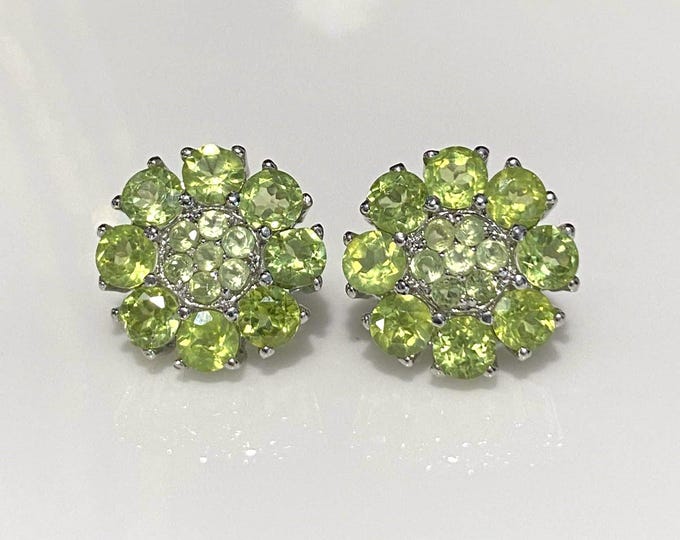 Vintage Sterling Silver Natural Peridot Cluster Earrings