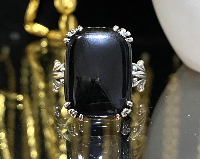 Vintage Sterling Silver Natural Black Onyx Filigree Ring Size 8.5