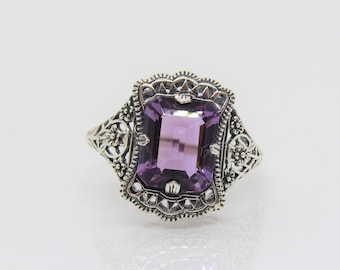Vintage Sterling Silver Amethyst Flower Filigree Ring Size 8