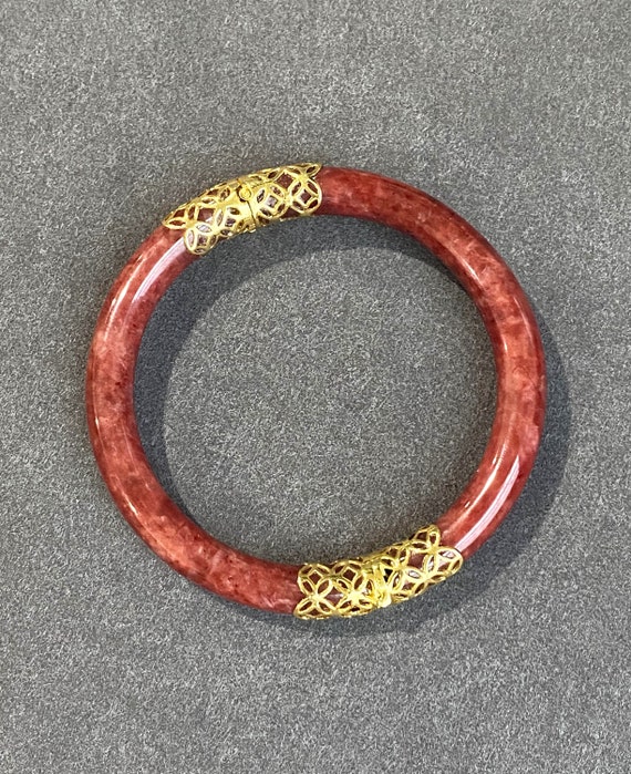 Vintage 18K Solid Gold Translucent Red Jadeite Ja… - image 7