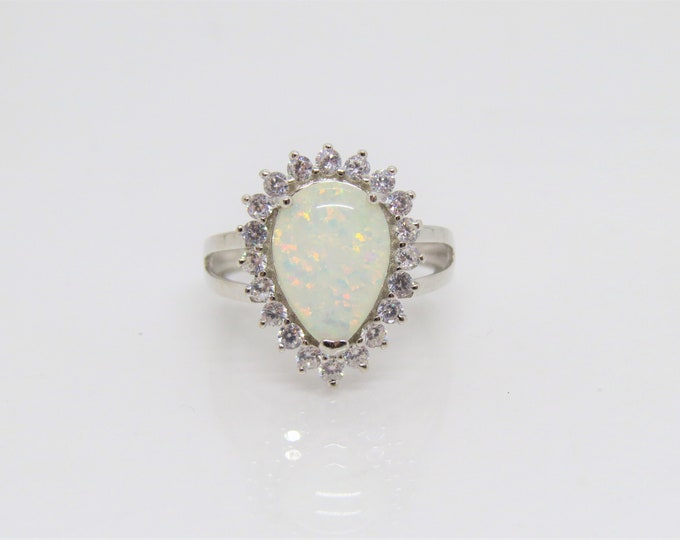 Vintage Sterling Silver White Opal & White Topaz Ring Size 7