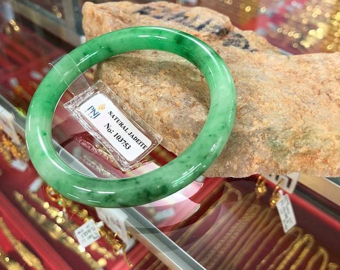 Translucent Natural Green, White Jadeite Jade Vintage Bangle Bracelet 55MM