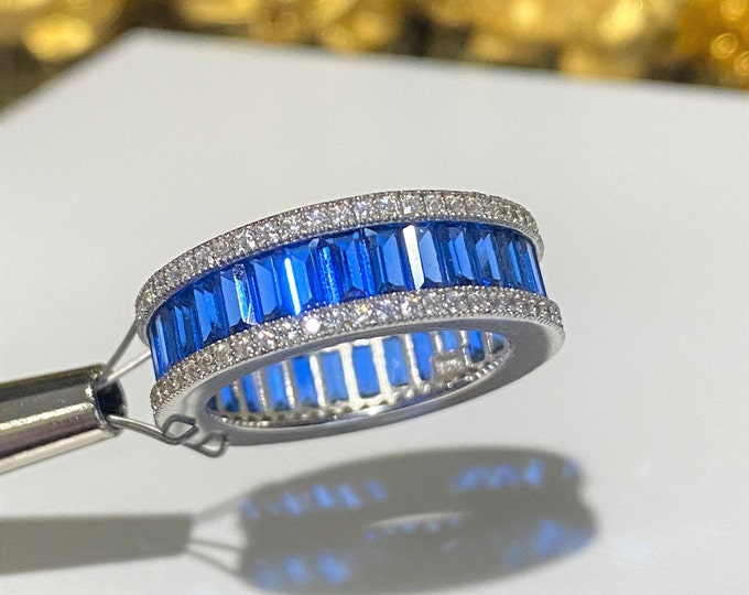 Sterling Silver Blue Sapphire, White Topaz Band Ring.