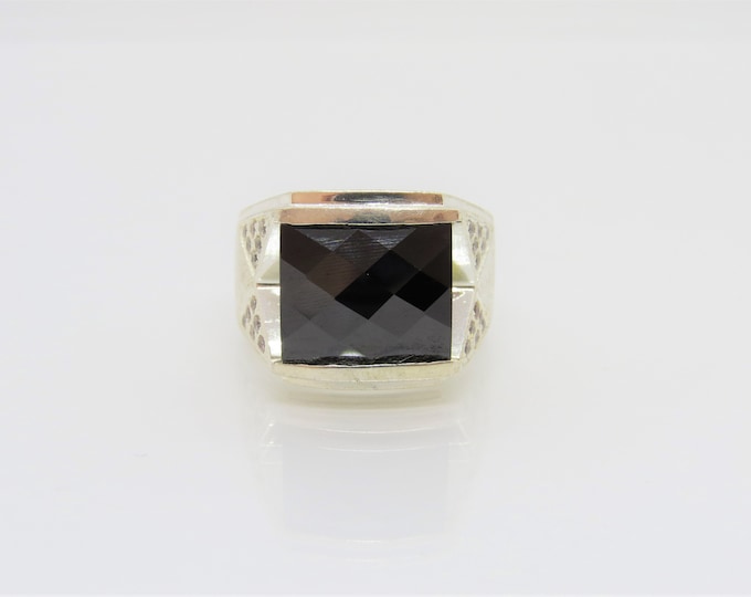 Vintage Sterling Silver Black Onyx & White Topaz Men's Ring Size 9