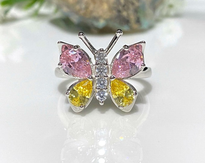 Vintage Sterling Silver Pink Sapphire, Citrine & White Topaz Butterfly Ring.