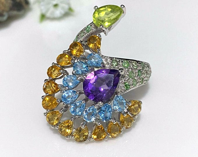 Vintage Sterling Silver Natural Amethyst, Citrine, Blue Topaz, Peridot & Emerald Peacock Ring Size 7