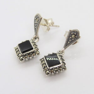 Vintage Sterling Silver Square Cut Black Onyx & Marcasite Drop Earrings