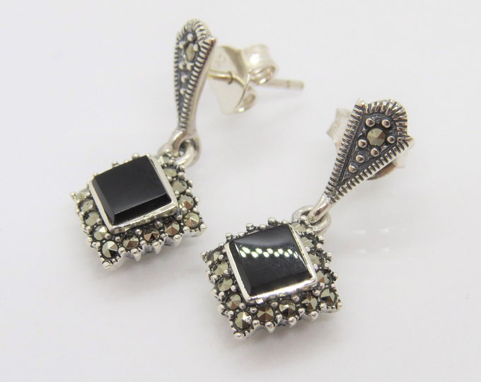 Vintage Sterling Silver Square Cut Black Onyx & Marcasite Drop Earrings