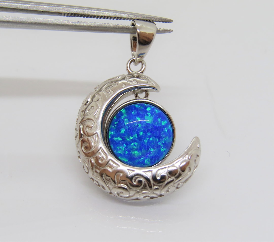 Vintage Sterling Silver Blue Opal Crescent Moon Charm Pendant - Etsy