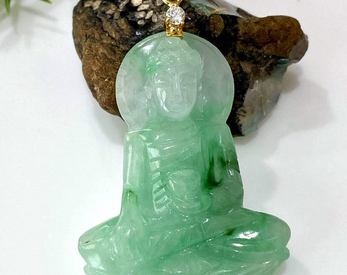 Vintage 14K Solid Yellow Gold Green, White Jadeite Jade & White Topaz Carved Buddha Pendant. Mat Cam Thach Phat Bon Su Thich Ca.