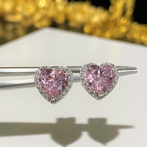 Sterling Silver Pink Sapphire & White Topaz Heart Earrings. image 9