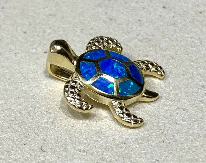 Vintage Sterling Silver Gold Plate Blue Opal Turtle Pendant.