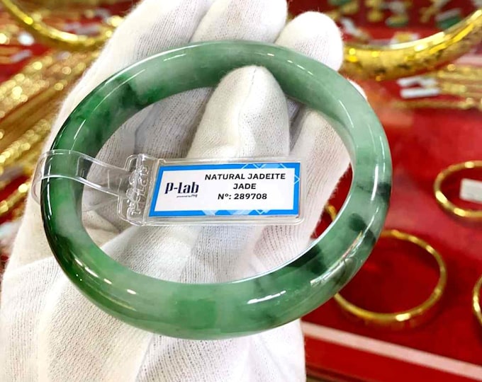 Vintage Translucent Natural Green, White Jadeite Jade Bangle Bracelet 62.8MM