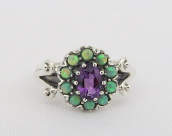 Vintage Sterling Silver Amethyst & Green Opal Cluster Ring Size 7