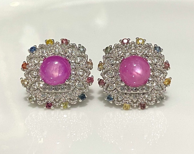 Vintage Sterling Silver Natural Ruby, Tourmaline & White Topaz Earrings.