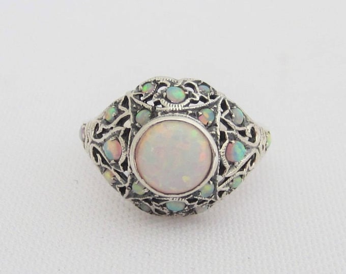 Vintage Sterling Silver White Opal Filigree Ring Size 9