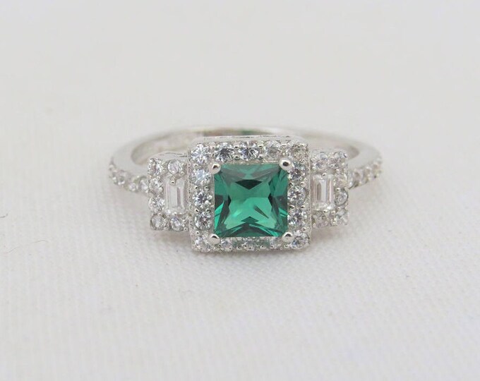 Vintage Sterling Silver Princess Emerald & White Topaz Ring Size 7