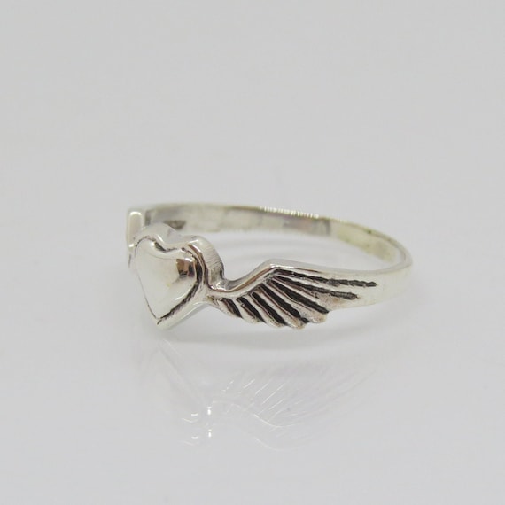 Vintage Sterling Silver Heart & Wings Ring Size 9 - image 3