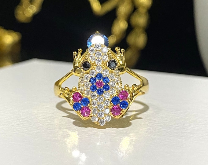 Vintage 15K 610 Solid Yellow Gold Ruby, Blue Sapphire, White Topaz & Black Sapphire Eye's Frog Ring Size 6 1/4