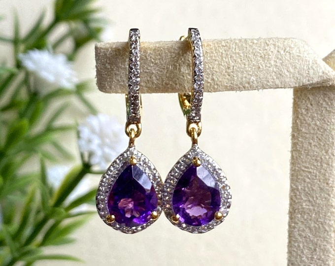 Vintage Sterling Silver 14k Gold Plate Amethyst & White Sapphire Earrings.