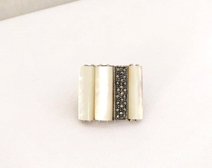 Vintage Sterling Silver Marcasite & MOP Dome Ring Size 5.5