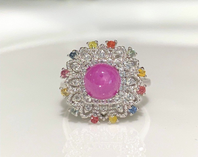 Vintage Sterling Silver Natural Ruby, Tourmaline & White Topaz Ring Size 6