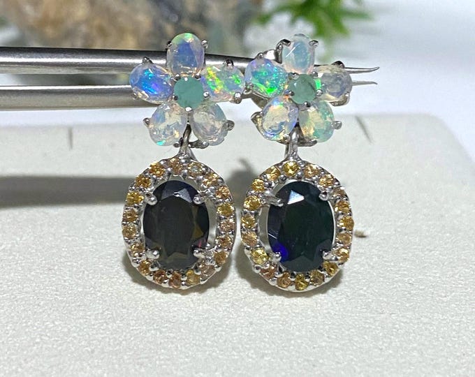 Vintage Sterling Silver Natural Oval cut White Black Fire Opal & Yellow Sapphire Flower Earrings.