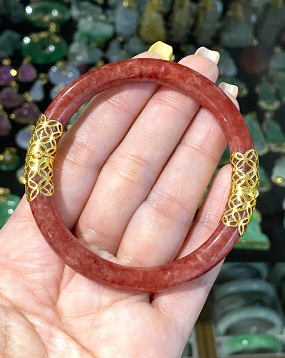 Vintage 18K Solid Gold Translucent Red Jadeite Ja… - image 8