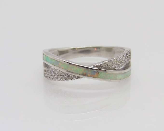 Vintage Sterling Silver White Opal & White Topaz Band Ring Size 7