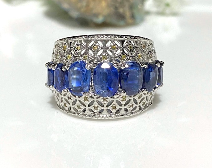 Vintage Sterling Silver Natural Kyanite & Yellow Sapphire Ring Size 8