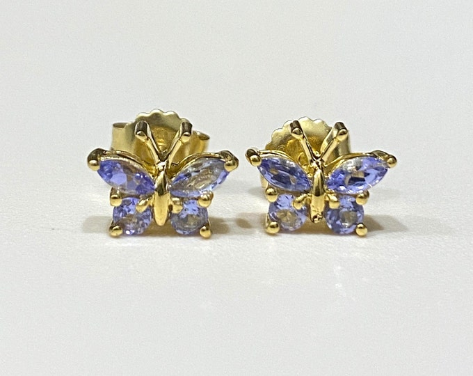 Vintage Sterling Silver 14K Gold Plate Natural Tanzanite Butterfly Earrings.